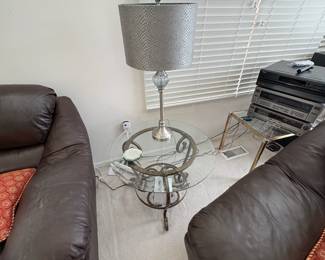 . . . a second glass accent table with wrought-iron base