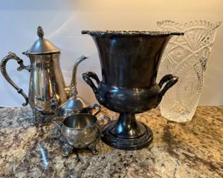 74 SilverplateChampagneBucketCutGlassVasePewterTeaset