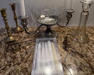 109 MetalCandelabraWithBowlBrassCandlesticksandCandles