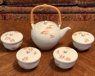 Saki Tea Service Marked Japan
Teapot has Bamboo Handle with 4 Cups
Bone China