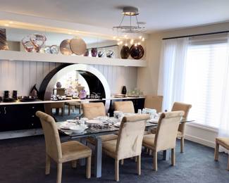 Silver Mat Dining Table  W/Glass Top  70” Expands To 102”x35 ½”  W/8 Tan Suede Chairs!
