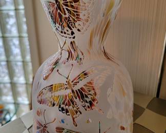 Artist Signed Acid Relief Multi Color Butterfly Vase!

