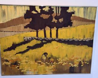 Original Framed Earth Colors Painting of Boy & Girl Picking Flowers by Janet Freeland!
