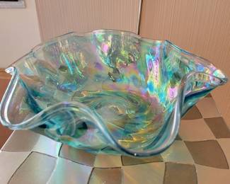 Signed Art C.Goodman ‘96 Iridescent Turquoise Wavey Bowl,  See Next Pic for Signature!