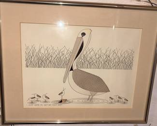 Original Framed, Matted Pelican & Birds Drawing by Ikki Matsumoto!
