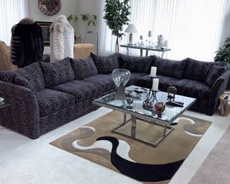 Fine Designs Custom Navy Sectional, Polished Silver Glass Top Square Coffee Table!