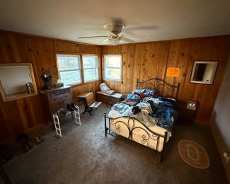 Old school desk, hope chest, full size black metal bed with mattress,
Dresser shown not for sale