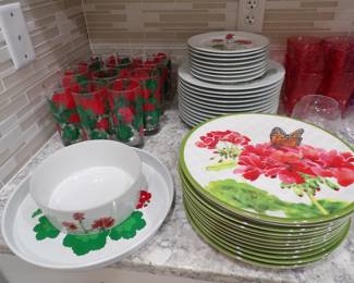 Block Red Geranium plate set with serving platters and glasses