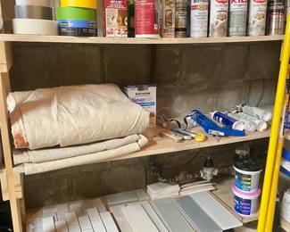 Painting supplies, miscellaneous tools, spray paint, caulk and caulking gun