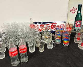 Vintage CocaCola, Pepsi, 7up Glasses, 2 Metal Signs 