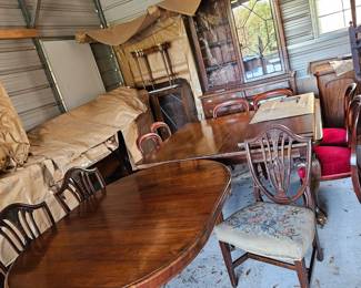 Two Victorian dining tables. Set of 4 upholstered dining chairs.