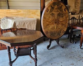 Victorian fruitwood tilt top table, Edwardian octagon table.
