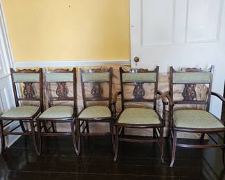 Edwardian set of 5 green dining /parlour chairs.