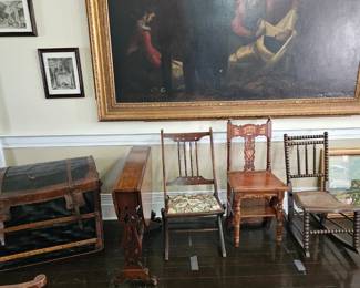 19th century coach trunk, Victorian Sutherland table, Victorian folding chair, Edwardian metamorphic library chair/stairs, Victorian child's bobbin turn rocker.