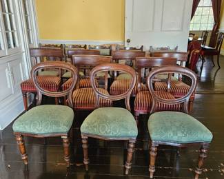 Set of 3 green Victorian balloon back chairs.