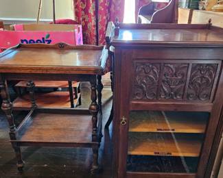 On left - Victorian drinks trolley. On right is Edwardian music cabinet.