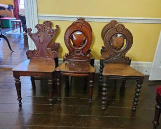 Victorian hall chairs, sold in sets of 2. Far left is William IV hall chairs (1820)