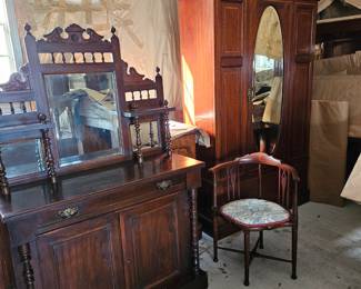 Victorian small buffet sideboard, Edwardian wardrobe, Victorian corner chair.