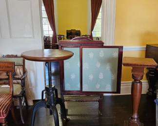 Industrial small wind up table, Victorian fire screen with silk inserts, 1930's plant stand.