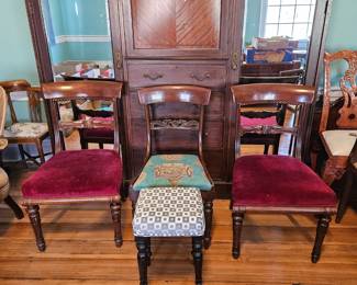 William IV set of 2 (1820's) red chairs. and one green shield chair and foot stool.