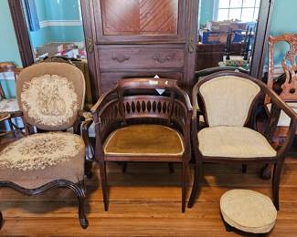 Miscellaneous Victorian chairs. One with foot stool.