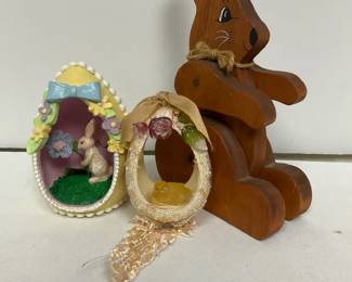 Wood Easter Bunny with Two Decorated Eggs