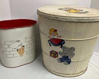 Vintage Wooden Toy Barrel Metal Garbage Can