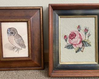 Framed Owl Print and Framed Vintage Cross Stitch 