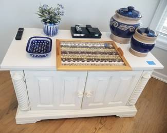 Entertainment console; blue & white ceramics