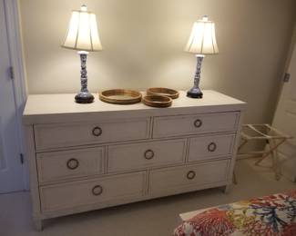 Twin bedroom suite; dresser. Table lamps; mirror trio (shown not mounted on wall). Luggage stand