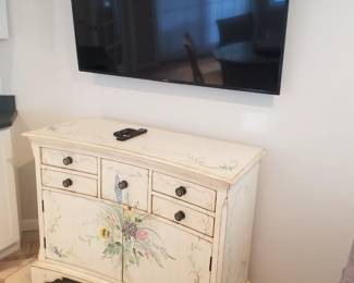Hand-painted bowfront 5-drawer cabinet; TV with bracket