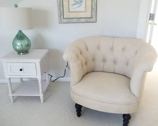 Stylish upholstered arm chair; end table; table lamp; artwork. Two of each available 