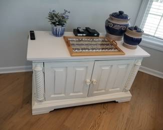 Entertainment console; blue & white ceramics
