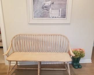 Bench; tranquil art; ceramic boots with faux botanicals