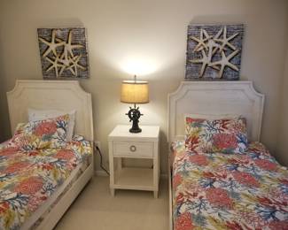 Twin bedroom suite; twin beds; nightstand; dresser. Starfish wall art 