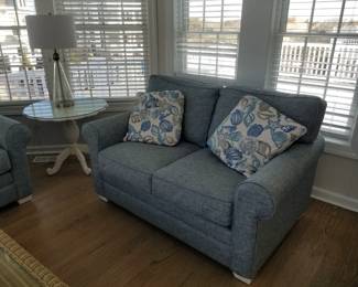 Loveseat detail; accent table; table lamp - two available