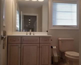 Bath vanity; mirror; vanity lights; Kohler commode