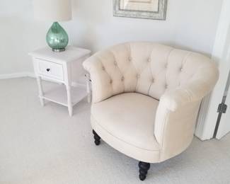 Stylish upholstered arm chair; end table; table lamp; artwork. Two of each available 