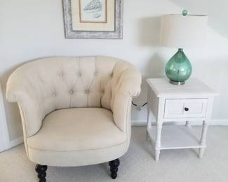Stylish upholstered arm chair; end table; table lamp; artwork. Two of each available 