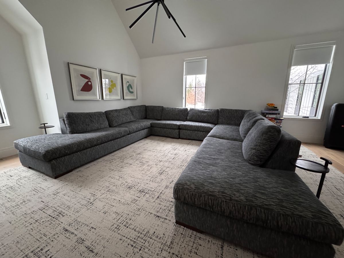 Custom Designed Modular 4-Piece Sectional Sofa. Measures, As Pictured, Left to Right: Left Chaise Section Measures 101" L x 42" W. Left Facing Corner Section Measures 41" x 78". Right Facing Corner Section Measures 78" x 41". Right Facing Chaise Sections Measures 101" L. Total Back Width: 156" W. Total Length on Both Sides: 142" L. Depth is 42". Photo 1 of 6. 