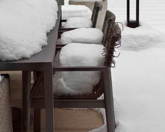 RH Cast Aluminum Outdoor Dining Table - 2 Available. RH Umbrella & Stand - 2 Available. Pictured with RH Provence-Style Bucket Chairs (Set of 4) and 12 RH Cast Aluminum Dining Chairs with Woven Fiber Backs (Some are Damaged). Photo 6 of 6. 