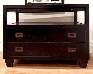 Ebonized Wood Campaign Style Two-Drawer Chest with Hidden Pull Out Drawer and Brass Pulls. Measures 40" W x 20" D x 30.5" H. Photo 1 of 4. 