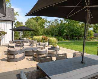 RH Cast Aluminum Outdoor Dining Table - 2 Available. RH Umbrella & Stand - 2 Available. Pictured with RH Provence-Style Bucket Chairs (Set of 4) and 12 RH Cast Aluminum Dining Chairs with Woven Fiber Backs (Some are Damaged). Photo 1 of 6. 