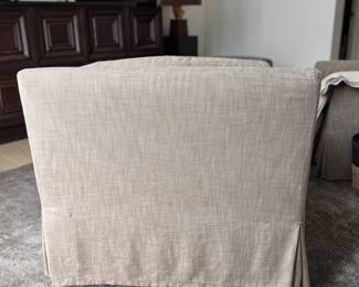 RH (Restoration Hardware) Belgian Slip Covered Track Arm Chair - 2 Available. Standard Fill. Each Chair Comes With 2 Slipcovers -- Wheat & Blue (Not Pictured). Each Measures  38"W x 40"D x 34"H. Photo 3 of 3. 