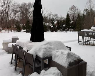 RH Cast Aluminum Outdoor Dining Table - 2 Available. RH Umbrella & Stand - 2 Available. Pictured with RH Provence-Style Bucket Chairs (Set of 4) and 12 RH Cast Aluminum Dining Chairs with Woven Fiber Backs (Some are Damaged). Photo 4 of 6. 