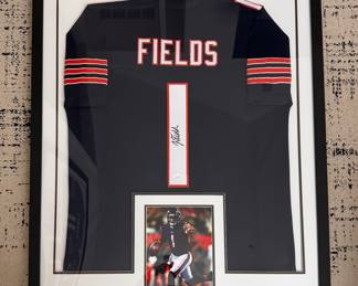 Framed and Autographed Justin Fields Chicago Bears Jersey with Photo. 