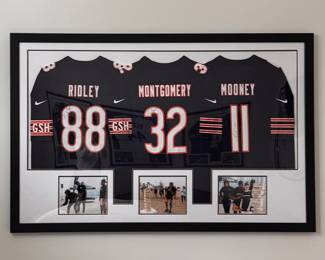 Framed and Autographed Calvin Ridley, David Montgomery, Darnell Mooney Jerseys with Photos.