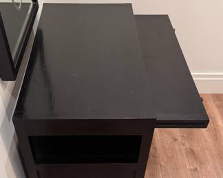 Ebonized Wood Campaign Style Two-Drawer Chest with Hidden Pull Out Drawer and Brass Pulls. Measures 40" W x 20" D x 30.5" H. Photo 3 of 4. 