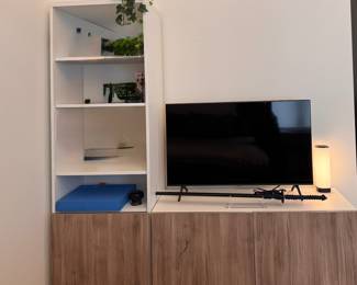 IKEA  Besta Two-Piece TV Storage Unit Combo. Cabinet Measures 48" x 16" x 45" H. Bookcase with Cabinet Measures 24" W x 16" D x 76" H. 