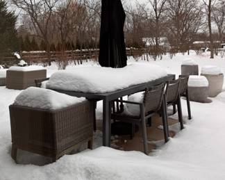 RH Cast Aluminum Outdoor Dining Table - 2 Available. RH Umbrella & Stand - 2 Available. Pictured with RH Provence-Style Bucket Chairs (Set of 4) and 12 RH Cast Aluminum Dining Chairs with Woven Fiber Backs (Some are Damaged). Photo 3 of 6. 